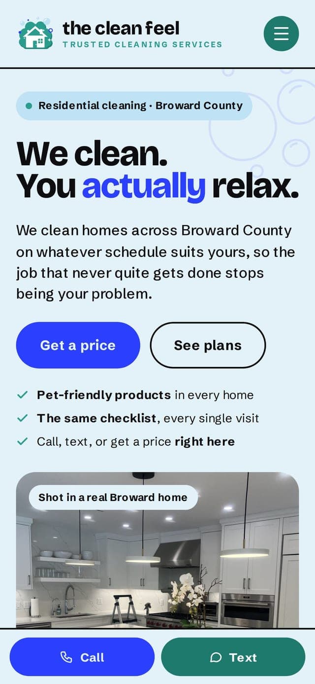 The Clean Feel website on a phone